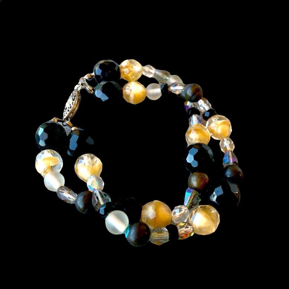 Vintage artisan made glass beaded bracelet black beige ab crystal silver clasp